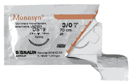 Aesculap Monosyn Suture with Needle Absorbable Uncoated Undyed Suture Monofilament Glyconate Size 4-0 70 cm Suture 1-Needle 19 mm Length 3/8 Circle Reverse Cutting Needle - C0023627