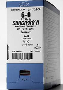 Surgipro - Suture with Needle Nonabsorbable Uncoated Blue Suture Monofilament Polypropylene Suture Size 10 - 0 12 Inch Suture Double-Armed 6 mm Length 1/2 Circle Spatula Needle - P-2756K