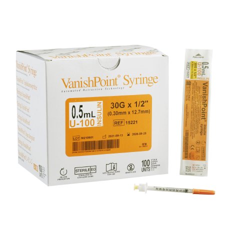 VanishPoint - Insulin Syringe with Needle 0.5 mL 30 Gauge 1/2 Inch Reg ...