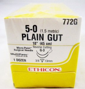 J & J Healthcare Systems - Suture with Needle Absorbable Uncoated Undyed Suture Plain Gut Size 5 - 0 18 Inch Suture Double-Armed 13 mm Length 3/8 Circle Reverse Cutting Needle - 772G