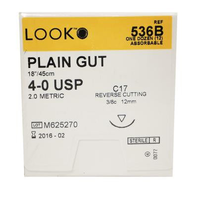 LOOK - Suture with Needle Absorbable Uncoated Undyed Suture Plain Gut Size 5 - 0 18 Inch Suture 1-Needle 19 mm Length 3/8 Circle Reverse Cutting Needle - 500B