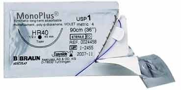 Aesculap MonoPlus Suture with Needle Absorbable Uncoated Violet Suture Monofilament Polydioxanone Size 1 70 cm Suture 1-Needle 37 mm Length 1/2 Circle Reverse Cutting Needle - C0024158