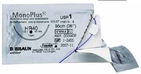 Aesculap MonoPlus Suture with Needle Absorbable Uncoated Violet Suture Monofilament Polydioxanone Size 3-0 70 cm Suture 1-Needle 26 mm Length 1/2 Circle Reverse Cutting Needle - C0024185