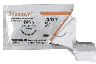 Aesculap Monosyn Suture with Needle Absorbable Uncoated Violet Suture Monofilament Glyconate Size 4-0 70 cm Suture 1-Needle 19 mm Length 3/8 Circle Reverse Cutting Needle - C0022204