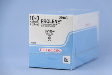 Prolene - Suture with Needle Nonabsorbable Uncoated Blue Suture Monofilament Polypropylene Suture Size 10 - 0 5 Inch Suture 1-Needle 3.9 mm Length 3/8 Circle Taper Point Needle - 2794G