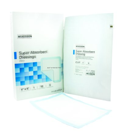McKesson McKesson Super Absorbent Polymer Dressing Polyethylene, NonWoven Polypropylene, Cellulose and Superabsorber 6 X 9 Inch Sterile - 61-89569