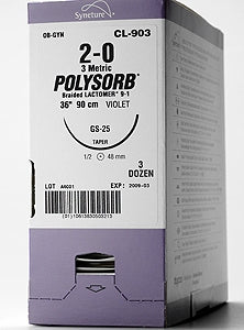 Polysorb - Suture with Needle Absorbable Coated Violet Suture Braided Polyester Size 7 - 0 12 Inch Suture Double-Armed 6 mm Length 3/8 Circle Spatula Needle - L-1796K