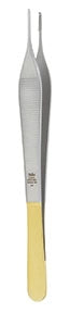Miltex Carb-N-Sert Tissue Forceps Adson 6 Inch Surgical Grade Stainless Steel / Tungsten Carbide NonSterile NonLocking Thumb Handle Straight Cross Serrated Tips w/1 X 2 Teeth and Tying Platform - 6-130TC