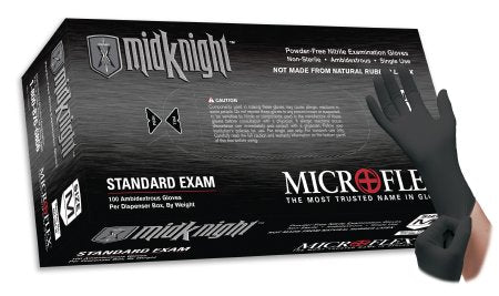 Microflex Medical Midknight Exam Glove Large NonSterile Nitrile Standard Cuff Length Fully Textured Black Not Chemo Approved - K-296-L