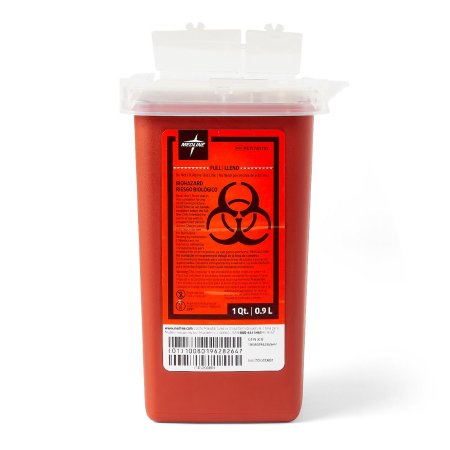 Medline - Sharps Container 7.025 H X 4.05 W X 4.05 L Inch 1 Quart Red Base / Translucent Lid Vertical Entry 2 Hinged Snap On Lid - MDS705110