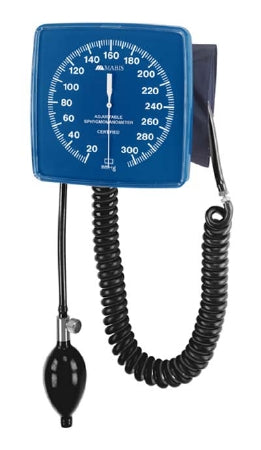 Mabis Healthcare Mabis Legacy Aneroid Sphygmomanometer 8 Inch Coiled, Blue, Neoprene Tubing, Wall Mount, Deluxe Calibrated, Nylon Cuff, Bulb With Deluxe Air Release Valve - 09-166-011