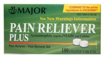 Major Pharmaceuticals Major Pain Relief 250 mg - 250 mg - 65 mg Strength Acetaminophen / Aspirin / Caffeine Tablet 100 per Bottle - 904513559