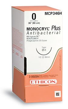 J & J Healthcare Systems Monocryl Plus Antibacterial Suture with Needle Absorbable Uncoated Undyed Suture Poliglecaprone 25 with Irgacare MP Antibacterial Suture Size 3-0 27 Inch Suture 1-Needle 24 mm Length 3/8 Circle Reverse Cutting Needle - CP936H
