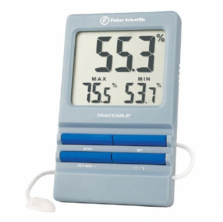 Fisher Scientific Fisherbrand Traceable Digital Thermometer / Hygrometer Fahrenheit / Celsius 32° to 140°F (0° to 60°C) Internal Sensor / External Probe Flip-out Stand, Wall Mount Battery Operated - 1464984