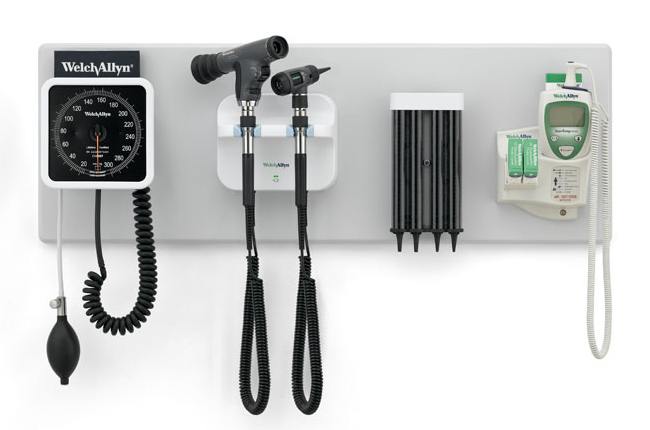 Welch Allyn Green Series 777 Integrated Wall System GS 777 Wall Transformer, PanOptic Ophthalmoscope, Diagnostic MacroView Otoscope, Wall Aneroid, SureTemp Plus Thermometer - 77791-1MPX