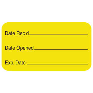 Tabbies Inventory Control & Sterilization Labels "DATE REC'D___ DATE OPENED__ EXP. DATE__ -", Fluorescent Yellow - 1-5/8"W x 7/8"H, 560 per Roll - V-LR138