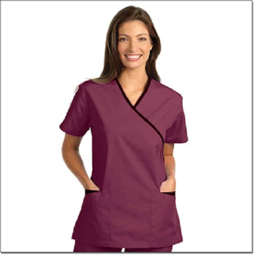Fashion Seal Uniforms - Scrub Shirt Medium Burgundy / Black 2 Pockets Short Set-In Sleeve Female - 7001-M