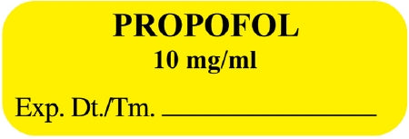 United Ad Label Pre-Printed Label Anesthesia Label Propofol / 10 mg/ml / Exp.Dt./Tm___________ Yellow 1/2 X 1-1/2 Inch - ULAL01010