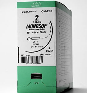 Covidien Monosof Suture with Needle Nonabsorbable Uncoated Black Suture Monofilament Nylon Size 10-0 12 Inch Suture Double-Armed 6 mm Length 3/8 Circle Spatula Needle - N2718K