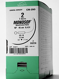 Covidien Monosof Suture with Needle Nonabsorbable Uncoated Black Suture Monofilament Nylon Size 10-0 12 Inch Suture Double-Armed 7 mm Length 1/2 Circle Spatula Needle - N2719K