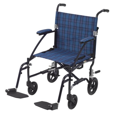 drive Fly-Lite - Transport Wheelchair Aluminum Frame with Blue Finish 300 lbs. Weight Capacity Full Length / Fixed Height / Padded Arm Blue Plaid Upholstery - DFL19-BL