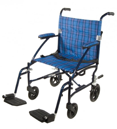 Drive Medical Fly-Lite Transport Wheelchair Aluminum Frame with Blue Finish 300 lbs. Weight Capacity Full Length / Fixed Height / Padded Arm Blue Plaid - DFL19-BL