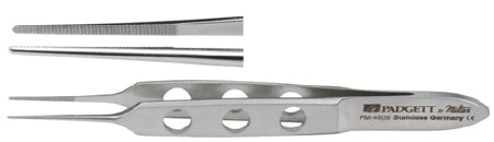 Miltex Padgett Dressing Forceps Bishop-Harmon-Iris 3-1/4 Inch Surgical Grade Stainless Steel NonSterile NonLocking Fenestrated Thumb Handle Straight 0.6 mm Serrated Tips - PM-4809