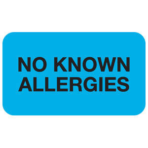 Tabbies Allergy Labels, "No Known Allergies" Light Blue - 1-1/2"W x 7/8"H, 250 per Roll - MAP1510