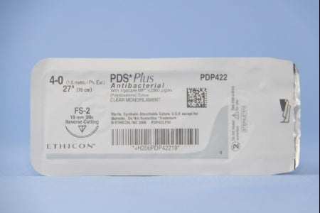 J & J Healthcare Systems PDS Plus Antibacterial Suture with Needle Absorbable Uncoated Undyed Suture Monofilament Polydioxanone with Irgacare MP Antibacterial Suture Size 4-0 27 Inch Suture 1-Needle 19 mm Length 3/8 Circle Reverse Cutting Needle - PDP422H