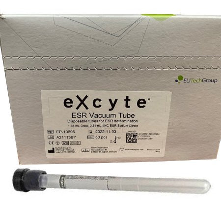 Excyte Vacuum Tube - Venous Blood Collection Tube Erythrocyte Sedimentation Rate (ESR) Sodium Citrate Additive 120 mm Length 1.36 mL Black Conventional Closure Plastic Tube - EP-10605