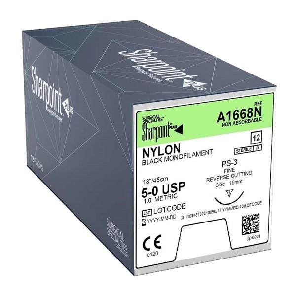 Look/Div Surgical Specialties Suture 5-0 Nylon Ps-3 Sharpoint Plus Black 18" Monofilament 12/Bx - A1668N
