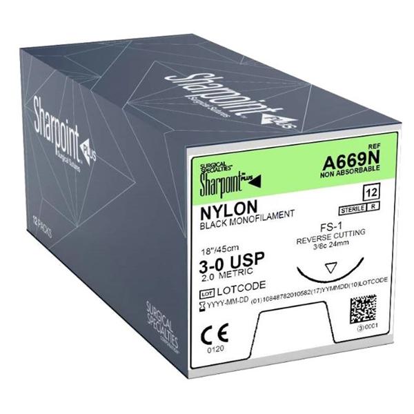 Look/Div Surgical Specialties Suture 3-0 Nylon Ds-24 Black 30" Monofilament 12/Bx - A669N