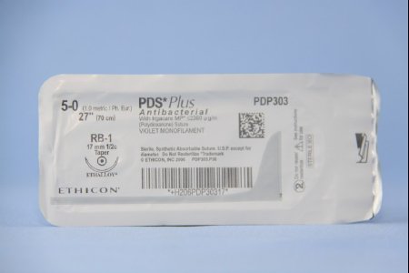 J & J Healthcare Systems PDS Plus Antibacterial Suture with Needle Absorbable Uncoated Violet Suture Monofilament Polydioxanone with Irgacare MP Antibacterial Suture Size 5-0 27 Inch Suture 1-Needle 17 mm Length 1/2 Circle Taper Point Needle - PDP303H