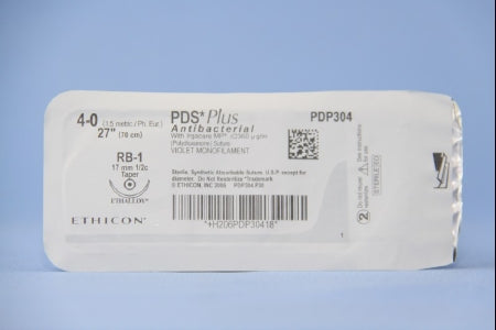 J & J Healthcare Systems PDS Plus Antibacterial Suture with Needle Absorbable Uncoated Violet Suture Monofilament Polydioxanone with Irgacare MP Antibacterial Suture Size 4-0 27 Inch Suture 1-Needle 17 mm Length 1/2 Circle Taper Point Needle - PDP304H