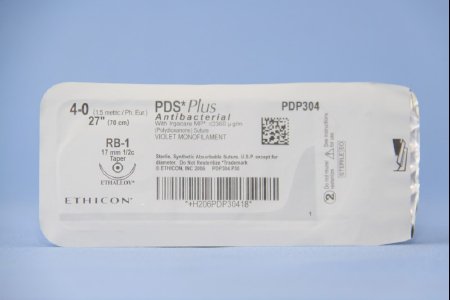 PDS Plus - Antibacterial Suture with Needle Absorbable Uncoated Violet Suture Monofilament Polydioxanone with Irgacare MP Antibacterial Suture Size 4 - 0 27 Inch Suture 1-Needle 17 mm Length 1/2 Circle Taper Point Needle - PDP304H
