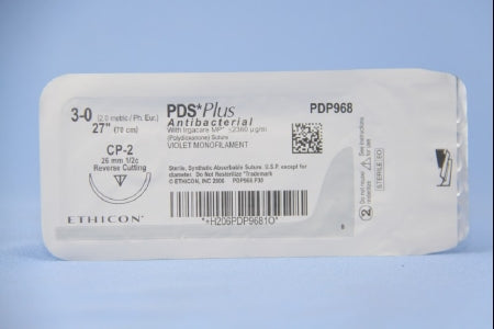 J & J Healthcare Systems PDS Plus Antibacterial Suture with Needle Absorbable Uncoated Violet Suture Monofilament Polydioxanone with Irgacare MP Antibacterial Suture Size 3-0 27 Inch Suture 1-Needle 26 mm Length 1/2 Circle Reverse Cutting Needle - PDP968H