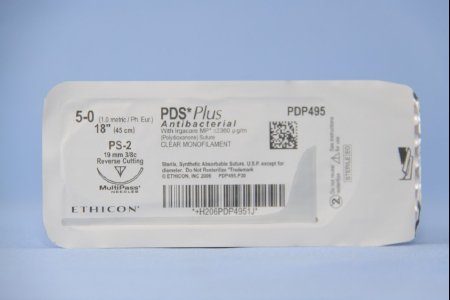 PDS Plus - Antibacterial Suture with Needle Absorbable Uncoated Undyed Suture Monofilament Polydioxanone with Irgacare MP Antibacterial Suture Size 5 - 0 18 Inch Suture 1-Needle 19 mm Length 3/8 Circle Precision Point - Reverse Cutting Needle - PDP495G