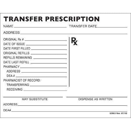 Apothecary Products Rx Transfer Prescription Form 4-1/4 X 5-1.2 Inch, 100 Sheets - 52953