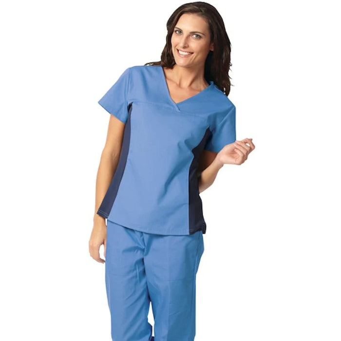 Fashion Seal Uniforms - Scrub Shirt Large Ceil Blue / Navy 1 Pocket Short Set-In Sleeve Female - 7541-L