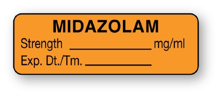 United Ad Label UAL Pre-Printed Label Anesthesia Label Midazolam / Srength _______mg/ml / Exp. Dt./Tm.____ Orange 1-1/2 X 1/2 Inch - ULAL795