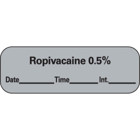 Precision Dynamics Pre-Printed Label Anesthesia Label Ropivacaine 0.5% Date:___________ Time:_________ Int:_______ Gray 1-1/2 X 1/2 Inch - LAN-32D05