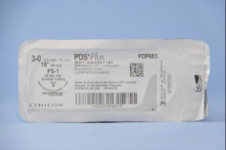 J & J Healthcare Systems PDS Plus Antibacterial Suture with Needle Absorbable Uncoated Undyed Suture Monofilament Polydioxanone with Irgacare MP Antibacterial Suture Size 3-0 18 Inch Suture 1-Needle 24 mm Length 3/8 Circle Reverse Cutting Needle - PDP683G