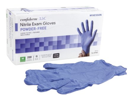 McKesson McKesson Confiderm 3.5C Exam Glove Medium NonSterile Nitrile Standard Cuff Length Textured Fingertips Blue Chemo Tested - 14-6976C