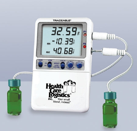 Health Care Logistics Traceable Hi-Accuracy Refrigerator / Freezer Thermometer Fahrenheit / Celsius -58° to 158°F (-50° to 70°C) 2 Bottle Probes Wall / Door Mount Battery Operated - 17989