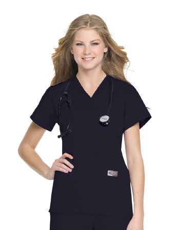 Landau Uniforms Scrub Shirt Small Navy Blue 2 Pockets Short Set-In Sleeves Female - 70224NAVYS
