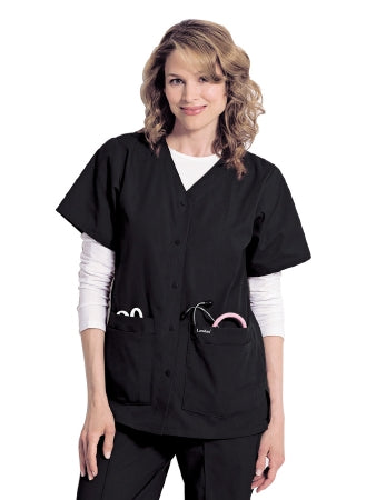 Landau Uniforms Scrub Shirt Small Black 4 Pockets Short Set-In Sleeves Female - 8219BKPS