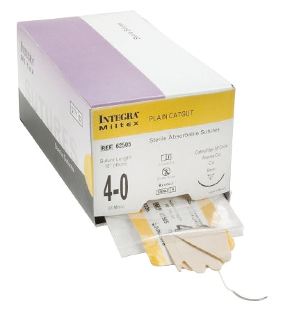 Integra - Suture with Needle Absorbable Uncoated Undyed Suture Plain Gut Size 4 - 0 27 Inch Suture 1-Needle 19 mm Length 3/8 Circle Reverse Cutting Needle - 62506