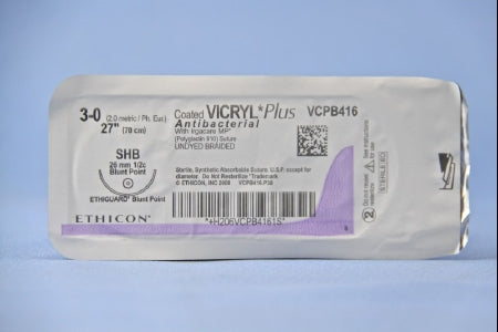 Coated Vicryl Plus Antibacterial Suture with Needle Absorbable Coated Undyed Suture Braided Polyglactin 910 with Irgacare MP Antibacterial Suture Size 3-0 27 Inch Suture 1-Needle 26 mm Length 1/2 Circle Blunt Point Needle