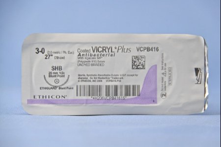 Coated Vicryl Plus - Antibacterial Suture with Needle Absorbable Coated Undyed Suture Braided Polyglactin 910 with Irgacare MP Antibacterial Suture Size 3 - 0 27 Inch Suture 1-Needle 26 mm Length 1/2 Circle Blunt Point Needle - VCPB416H