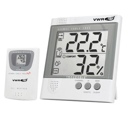 VWR International VWR Traceable Radio-Signal Remote Hygrometer / Thermometer Fahrenheit / Celsius -4° to 140°F (-20° to 60°) Remote Radio-Signal Sensor Multiple Mounting Options Battery Operated - 15551-258